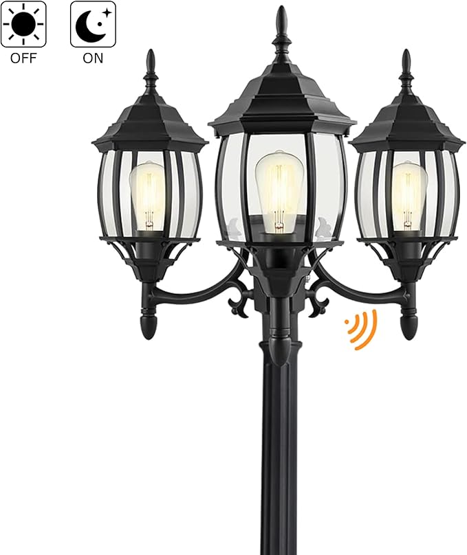 85 Inch 3-Light Lamp Post With Dusk To Dawn Sensor Three-Head Post Lantern For Garden Backyard Driveway 85in Outdoor Street Light,Aluminium Alloy,Clear Glass Shade,E26(Bulbs Not Included)