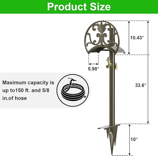 GOFORWILD Garden Hose Stand with Brass Faucet, Detachable Heavy Duty Water Hose Holder, Freestanding Metal Hose Reel Decorative Storage Hanger Holds 150-Feet Hose for Outside Patio Lawn Yard