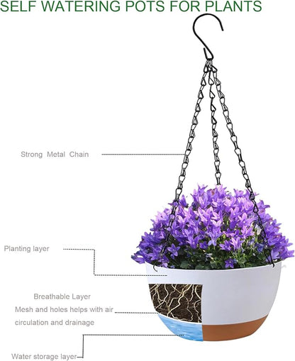 2 Pack 10 Inch Hanging Planters for Indoor Outdoor Plants, Plastic Hanging Basket Flower Plant Pots, Plant Self Watering Pot with Drainage Holes and Saucers for Garden Home (Beige)