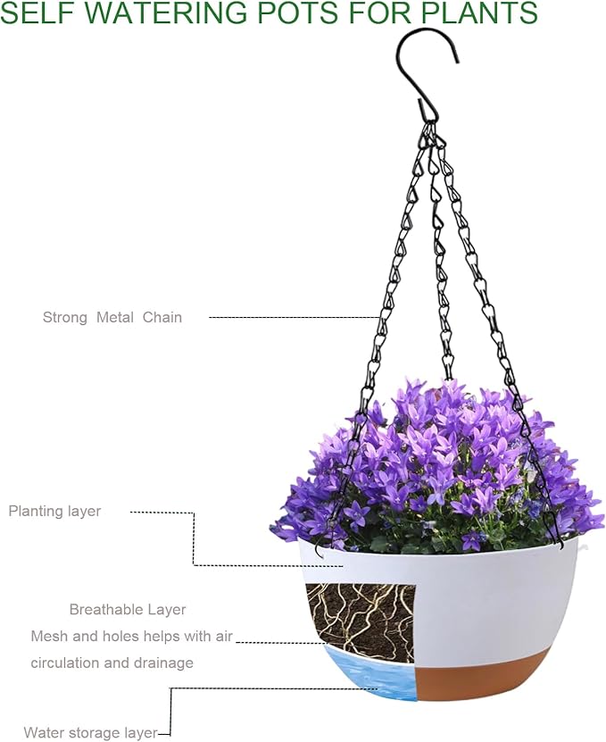 2 Pack 10 Inch Hanging Planters for Indoor Outdoor Plants, Plastic Hanging Basket Flower Plant Pots, Plant Self Watering Pot with Drainage Holes and Saucers for Garden Home (White)