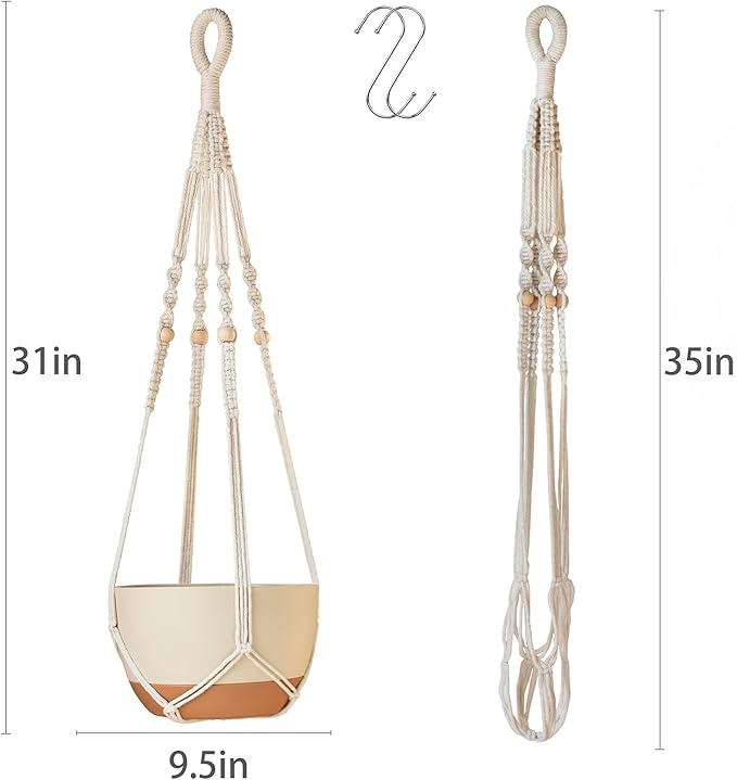 35 Inch Macrame Plant Hanger Indoor Outdoor Fits 4 to 15 inch pots Hanging Planter Basket with Wood Beads and No Tassels,Boho Home Decor,Ivory,Set of 3 (Pots Not Included)