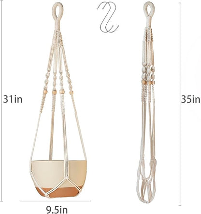 35 Inch Macrame Plant Hanger Indoor Outdoor Fits 4 to 15 inch pots Hanging Planter Basket with Wood Beads and No Tassels,Boho Home Decor,Ivory,Set of 3 (Pots Not Included)