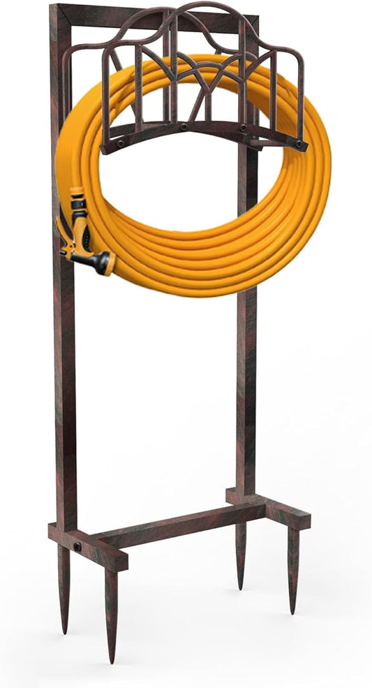 Garden Hose Holder Hanger Freestanding, Upgraded 4-Spike Heavy Duty Storage Reel Stand, Holds 150ft Hose for Outside Yard Lawn (Rustic Line, Metal)