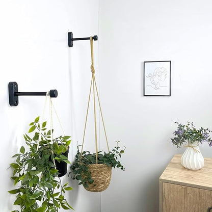 EvenWood 2-Piece Set of Wooden Plant Hooks for Wall with Sturdy Metal Tube - Plant Wall Hanger for Pots, Flower Brackets - Bracket Plant Hanger for Indoor and Outdoor Decorations (Black, 10 Inch)