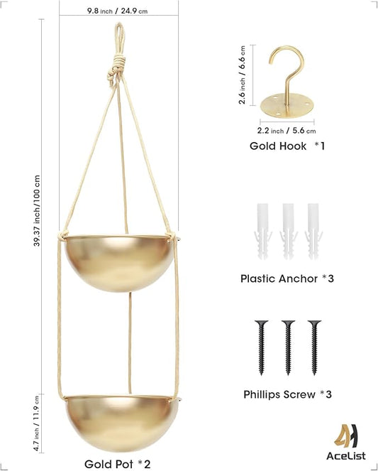 AceList 2 Pack Gold Hanging Planter for Indoor Plants - 9.8 Inch Boho Metal Plant Hanger Indoor with Hooks, Window Hanging Planters for Balcony and Ceiling