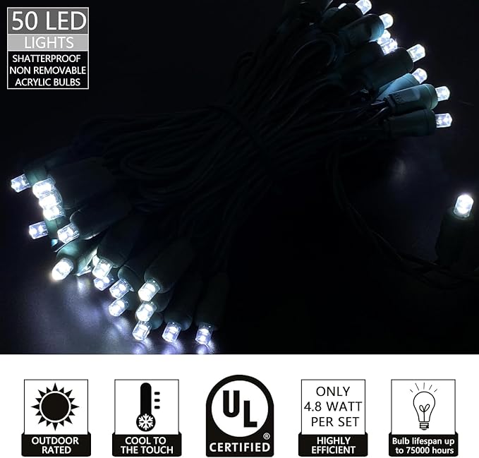 UL Listed 50 Count 5MM Wide Angle White Led Christmas Lights,Outdoor Mini Led String Light Set for Garden Patio Christmas Trees Lighting Decorations,17 Feet Green Wire,Cold White