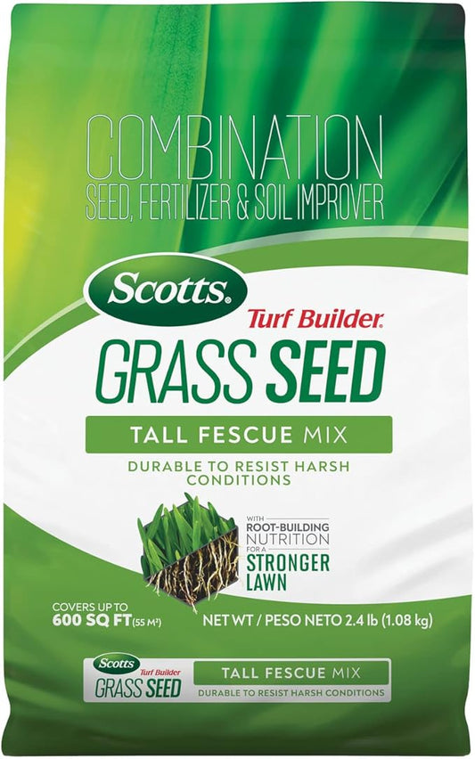 Scotts Turf Builder Grass Seed Tall Fescue Mix Durable to Resist Harsh Conditions with Root-Building Nutrition, 2.4 lb.