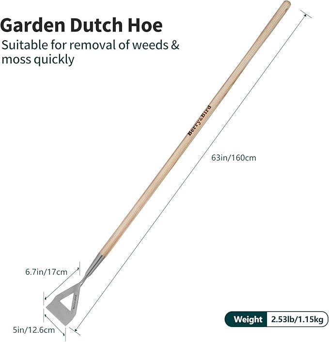 Berry&Bird Dutch Hoe for Weeding，63'' Stainless Steel Garden Weed Hoe with Long Wooden Handle,Heavy Duty Scuffle Hoe Manual Weeder Tool for Gardening Moss Removal Cutting Grass Soil Loosening & Edging