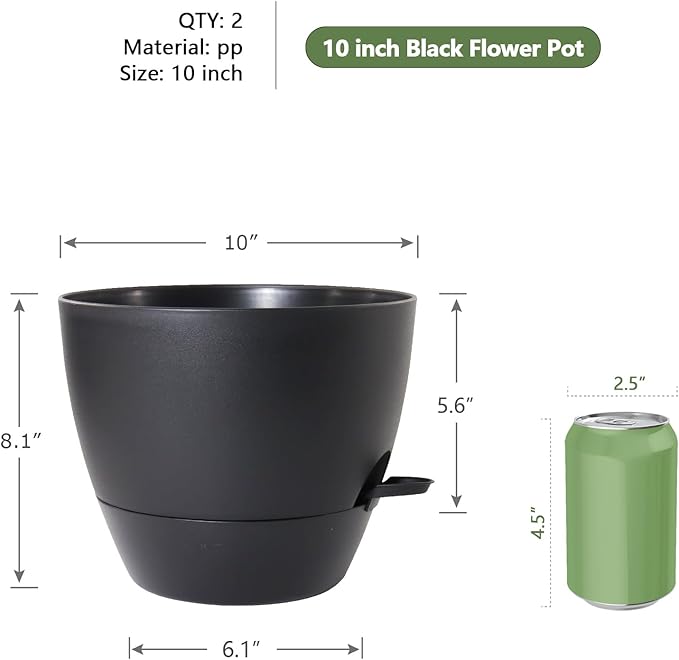 10 inch Self Watering Pots, 2 Pack Plastic Planters with Mesh Drainage Holes for Garden Plants and Flower, Plants Pots with Deep Reservoir for Indoor Outdoor Plants, Black