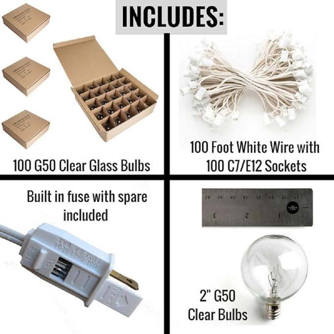 Hometown Evolution, Inc. Globe String Lights (100 Foot, G50 Clear - White Wire - 2 Inch 7 Watt Bulbs +5 Free Spares)