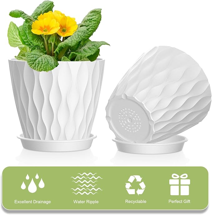4 Inch Small Pots for Plants, 6 Pack Waffle Texture Small Plant Pots for Succulents, Plastic Planter with Drainage Holes and Saucers for Indoor Outdoor Plants, Flowers, Herbs, Seedlings, White