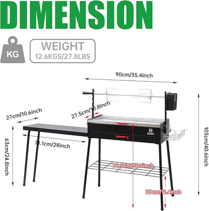 Nice C Portable Charcoal Grill, Rotisserie, Detachable Table, Stainless Steel, Black, Outdoor, Freestanding, Manual Rotisserie