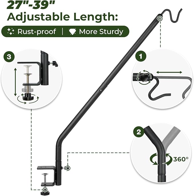 Kingsyard 2 Pack Heavy Duty Deck Hook, 27"-39" Adjustable Metal Deck Railing Hooks for Hanging Bird Feeders, Planters, Suet Baskets, Lanterns, Wind Chimes, Clamp Mounted