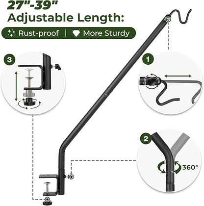 Kingsyard 2 Pack Heavy Duty Deck Hook, 27"-39" Adjustable Metal Deck Railing Hooks for Hanging Bird Feeders, Planters, Suet Baskets, Lanterns, Wind Chimes, Clamp Mounted