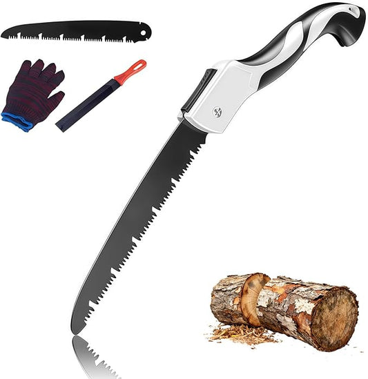 Folding Hand Saw Set with Extra Blade, 1 Grinders & Glove, 12 Inch Extra Long Blade Heavy Duty Foldable Pruning Saws for Tree Trimming, Wood Cutting, Ergonomic Handle Folding Saw Pocket Saws