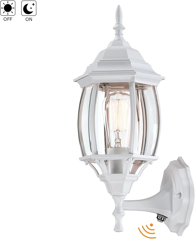 16.8 Inch White Outdoor Wall Lights Dusk to Dawn, Outside Wall Sconce for House White Dusk to Dawn Sensor Outdoor Light for Front Door Porch Sconce with Vintage Design,E26