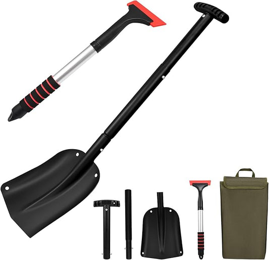 Snow Shovel & Ice Scraper Set – 32in Collapsible Snow Shovel with Folding Aluminum Shaft, Compact Heavy Duty 75lb Shovel + Silicone Ice Scraper with EVA Handle for Car, Travel & Outdoor Winter Use