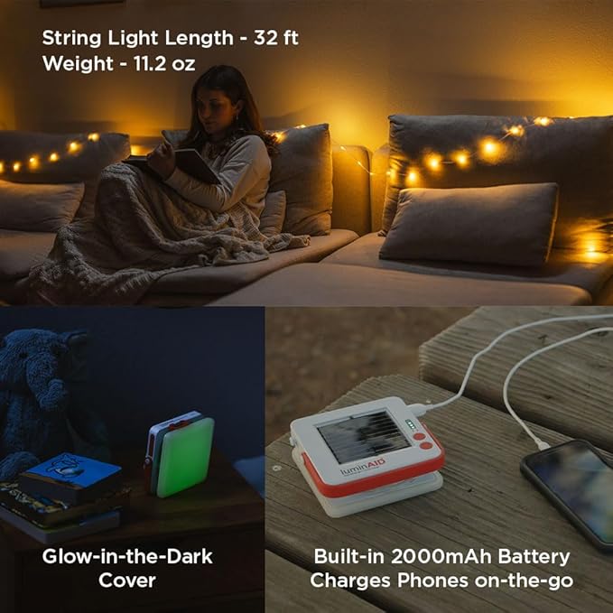 LuminAID Solar String Light with Phone Charger - Rechargeable Tent Lights for Camping - 32 ft String Lights Perfect for Camping, Backyard, Patio, RVs, Outdoor, Power Outages (1 Pack)