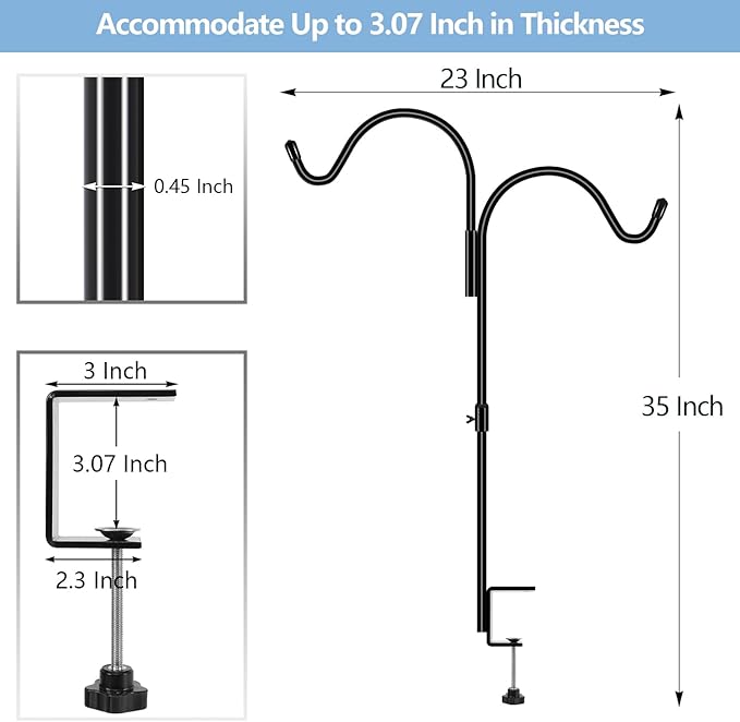 Gtongoko 35 Inch 2 Pack Double Deck Hook for Railing, Deck Bird Feeder Pole with 3 Inch Strengthened Clamp for Hanging Bird Feeders, Lanterns, Wind Chimes, Flower and Plant Baskets