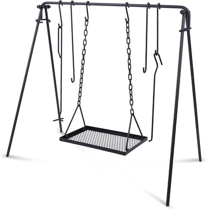 Lineslife Grill Swing Campfire Cooking Stand with Height Adjustable Iron Grill Grate, Collapsible Cooking Rack with Hooks and Accessories for BBQ Picnic, Outdoor Camping Cookware, Dutch Oven
