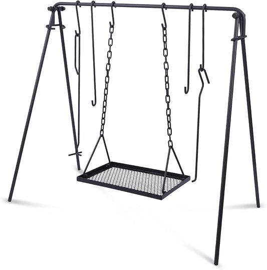 Lineslife Grill Swing Campfire Cooking Stand with Height Adjustable Iron Grill Grate, Collapsible Cooking Rack with Hooks and Accessories for BBQ Picnic, Outdoor Camping Cookware, Dutch Oven