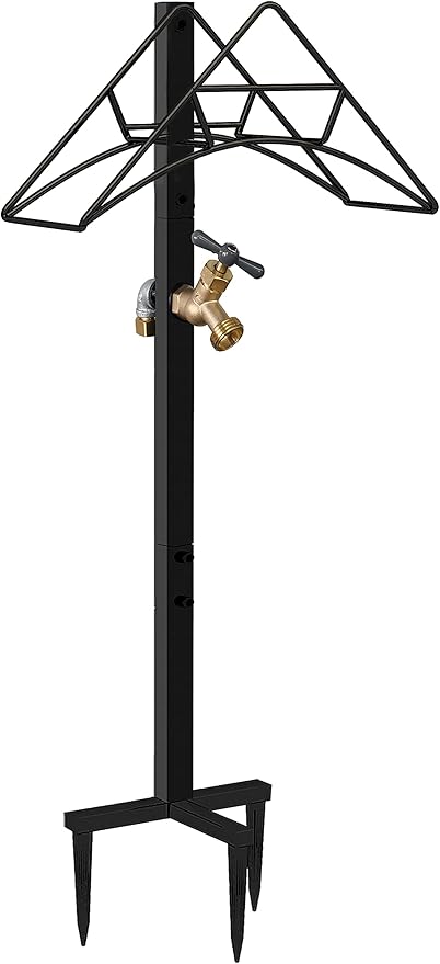Outdoor Hose Holder Stand with Brass Spigot Faucet - Freestanding Metal Water Pipe Extension Hanger Stake Heavy Duty Storage Organizer for Garden Lawn, Backyard