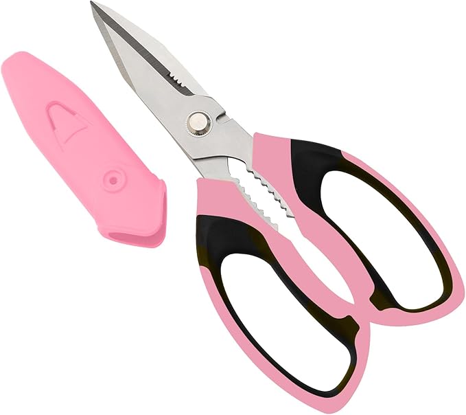8-Inch Utility Scissors All Purpose Heavy Duty, Serrated Blade, Pink Comfort Grip for Cutting Carpet, Cardboard, Leather, Fabric, Multipurpose Sharp Shears for Kitchen, Garden, Office, Carft