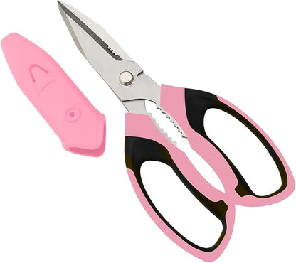 8-Inch Utility Scissors All Purpose Heavy Duty, Serrated Blade, Pink Comfort Grip for Cutting Carpet, Cardboard, Leather, Fabric, Multipurpose Sharp Shears for Kitchen, Garden, Office, Carft