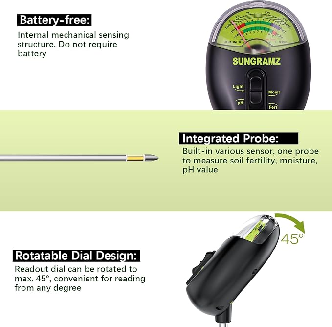 Soil Moisture Meter for Plants, 4-in-1 Moisture/pH/Fertility/Sunlight Dial Display, pH Soil Tester for Garden, Lawn, Farm, Indoor & Outdoor Use, No Battery Required, Black