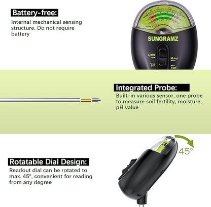Soil Moisture Meter for Plants, 4-in-1 Moisture/pH/Fertility/Sunlight Dial Display, pH Soil Tester for Garden, Lawn, Farm, Indoor & Outdoor Use, No Battery Required, Black