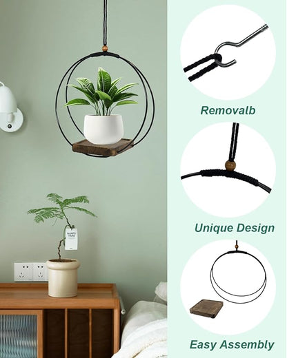 vensovo Hanging Planter for Indoor Plants - 2 Pack Plant Hanger Indoor with Metal Ring and Sturdy Wood Base, Boho Hanging Planter for Wall/Window/Room Decor