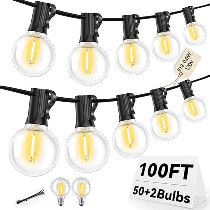 100FT G40 LED Outdoor String Lights with 50 Shatterproof Bulbs + 2 Spares, E12 Socket, 2700K Warm White, Weatherproof Black Cable, for Patio, Backyard, Wedding, Party, Porch, Deck, Gazebo, Camping