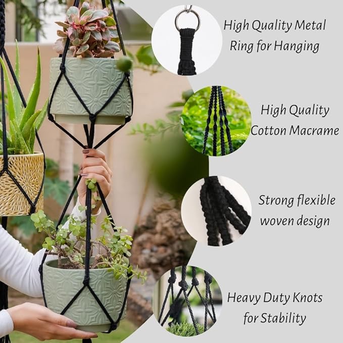 Feedee Macrame Plant Hangers - 6 Pack, Black, Indoor/Outdoor, Cotton
