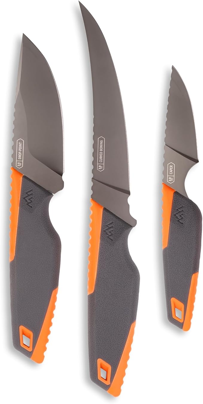 OUTDOOR EDGE VANTEX 4-Piece Roll Pack Hunting Knife Set - Includes Drop-Point, Boning, Caping Knives & Sharpener - Great Elk and Deer Field Dressing Processing Kit for Hunters