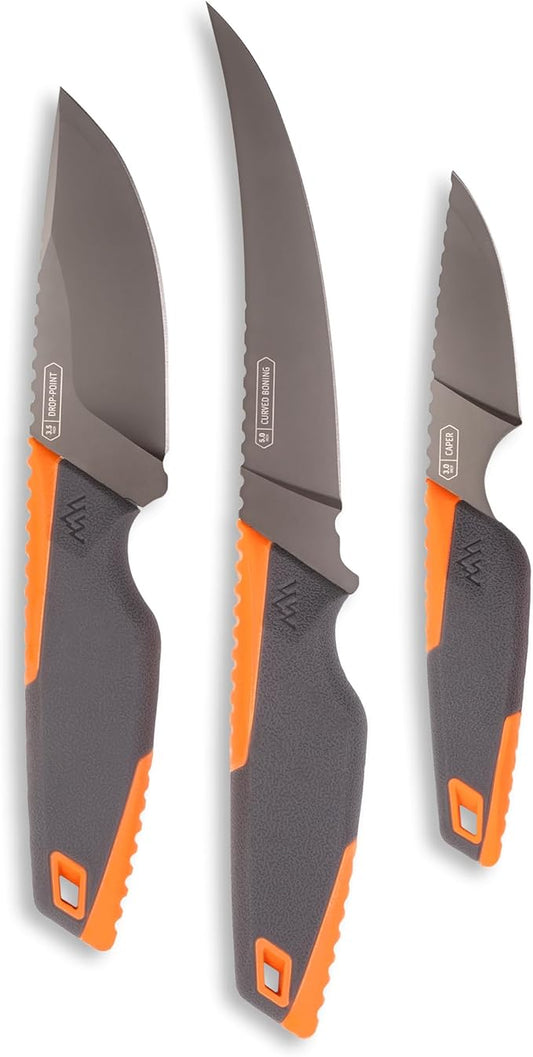 OUTDOOR EDGE VANTEX 4-Piece Roll Pack Hunting Knife Set - Includes Drop-Point, Boning, Caping Knives & Sharpener - Great Elk and Deer Field Dressing Processing Kit for Hunters
