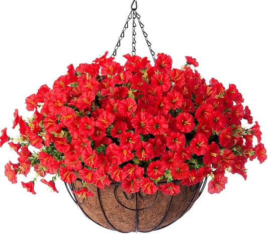 HyeFlora Artificial Fake Hanging Flowers for Outdoors Baskets Spring Decor, Faux Hanging Plants Outside Silk Morning Glory in Planter Look Real UV Resistant for Outdoor Porch Patio Garden Home, Red