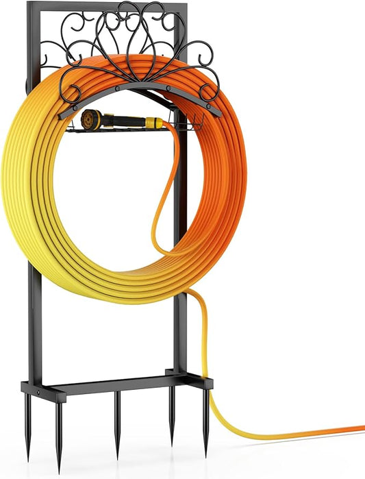 Garden Hose Holder, Heavy-Duty Metal Water Hose Holder with Detachable Storage Basket, Freestanding Hose Stand & Organizer for Outside Yard Lawn, Rust-Resistant Hose Rack for Easy Hose Storage