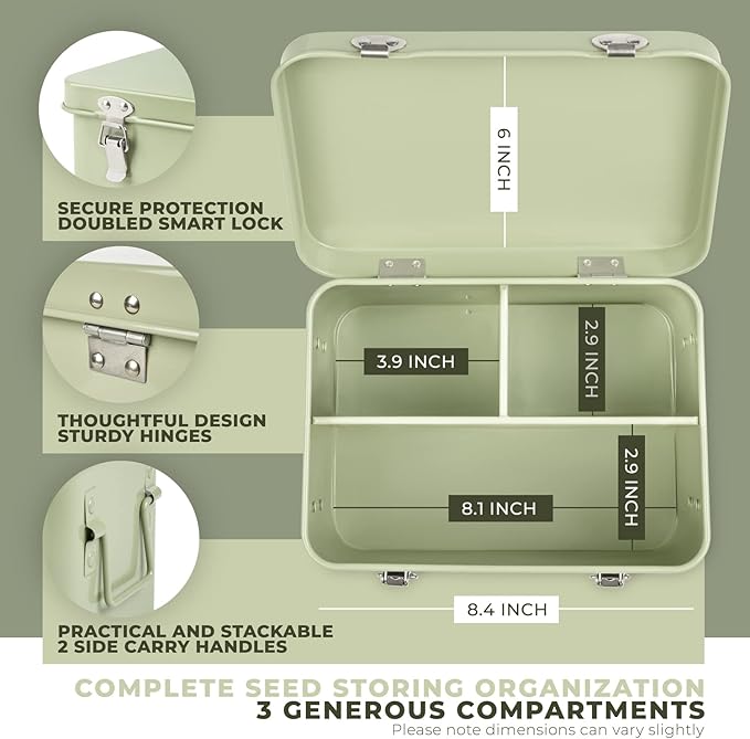 Seed Storage Box – Metal Seed Packet Organizer with Garden String and Bamboo Plant Labels. Seed Container Storage delivering complete Seed Saving Organization for every Garden Lover.