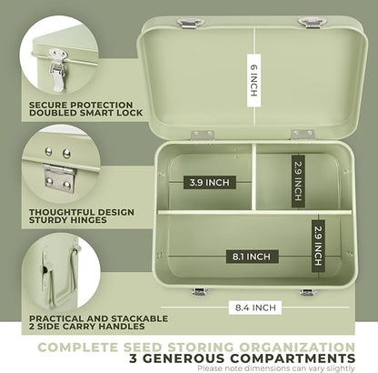 Seed Storage Box – Metal Seed Packet Organizer with Garden String and Bamboo Plant Labels. Seed Container Storage delivering complete Seed Saving Organization for every Garden Lover.