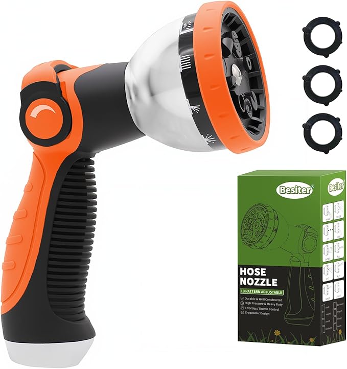 Garden Hose Nozzle, Hose Sprayer Nozzle with 10 Spray Patterns, Thumb Control On Off Valve, High Pressure Metal Water Hose Nozzle for Car Wash, Plants, Pets & Outdoor Cleaning, Orange