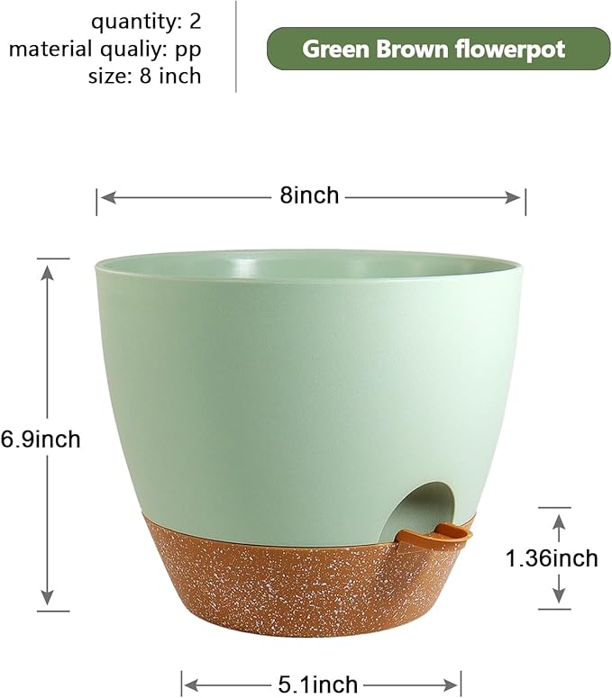 8 inch Self Watering Pots, 2 Pack Plastic Planters with Mesh Drainage Holes for Garden Plants and Flower, Plants Pots with Deep Reservoir for Indoor Outdoor Plants, Green with Brown