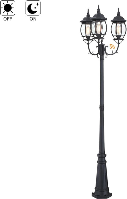 94 Inch Dusk To Dawn 3-Light Lamp Post For Backyard Garden Driveway Outdoor Street Light 94” Three-Head Post Light With Dusk To Dawn Sensor Outside Pole Lights,Aluminium Alloy,Clear Glass Shade,E26
