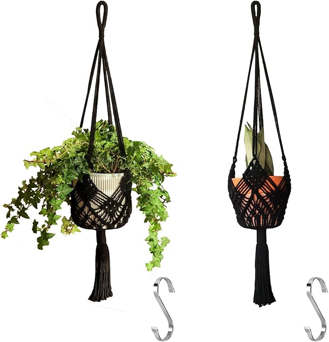 Hanging Planter with Patterns,2Packs Macrame Plant Hangers Indoor Macrame for up to 8 inch Pot Crochet Boho Plant Hanger Holder for Indoor Outdoor with 2S Shaped Stainless Steel Hooks (Black)