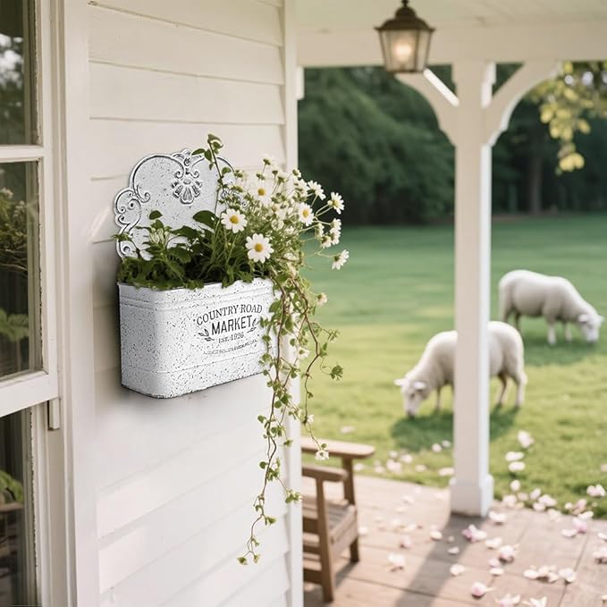 All Chic Set of 2 Metal Hanging Wall Planters Outdoor Indoor Mail Wall Mounted Planter Antique Shabby Chic Wall Decor (White)