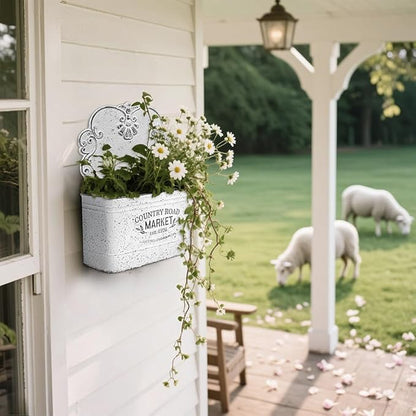 All Chic Set of 2 Metal Hanging Wall Planters Outdoor Indoor Mail Wall Mounted Planter Antique Shabby Chic Wall Decor (White)