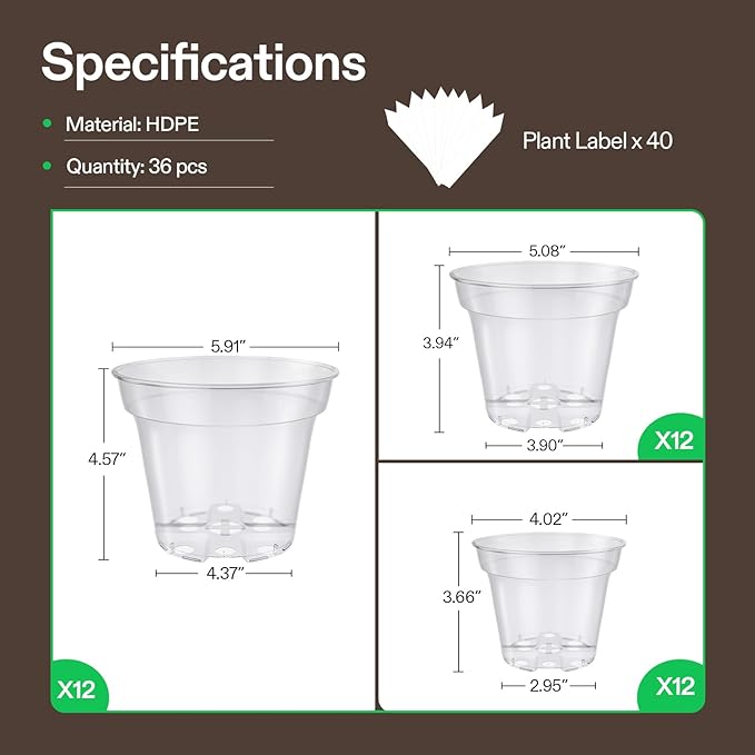 VIVOSUN 36 Packs 4/5/6 Inch Clear Nursery Pots with Drainage Holes, Reinforced Plastic Seedling Pots for Plants, Flowers, Cuttings, and Succulents, 40 pcs Plant Labels