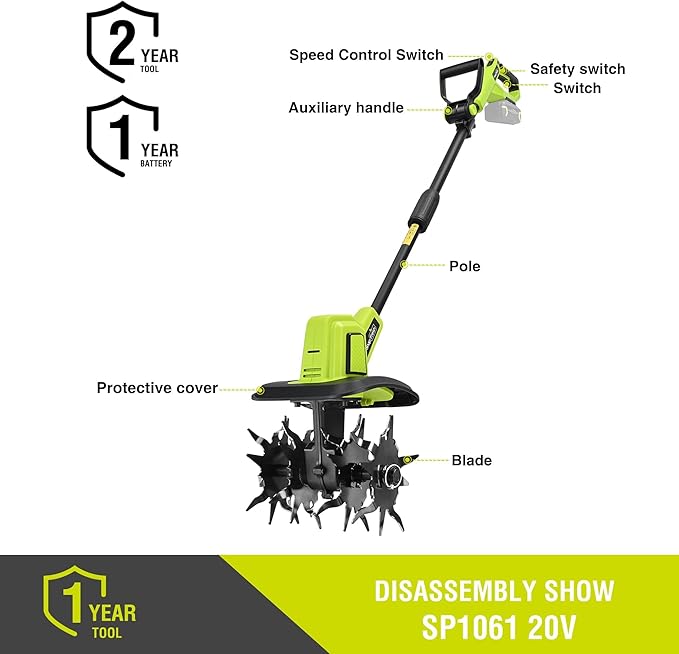 SnapFresh Cordless Tiller Cultivator, 20V Electric Garden Tiller with 4.0AH Battery and Fast Charger, 300 PRM Battery Powered Rototiller, 9" Width 6.6" Depth, 3 Speed Handheld Tiller with Steel Tines