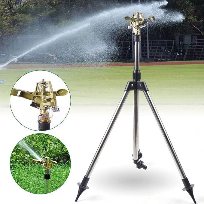 Impact Sprinkler on Tripod Base, 360 Degree Adjustable Tripod Sprinklers for Yard Large Area, Heavy Duty Sprinkler Tripod for Lawn Yard Garden