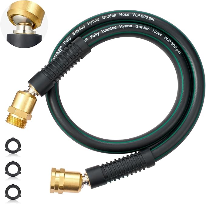 HOMEIDEAS Short Rubber Garden Hose 3 Feet - Newly Leak-proof & Kink-Free Design | Freely Rotational Spherical Ball Joint, Anticorrosive 3/4" Brass Fittings - Perfect for Outdoor Watering