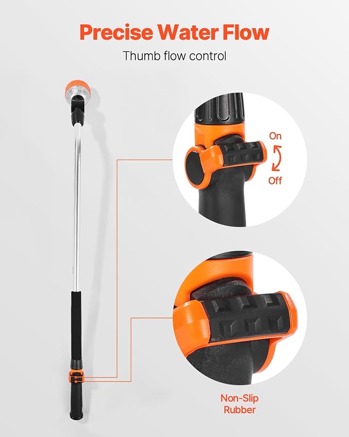 VEVOR Watering Wand, 36-Inch Extra Long Heavy Duty Garden Hose Wand with 8 Spray Patterns & 180° Swivel Head, Long Hose Nozzle Sprayer with on/off Thumb Control, Ideal for Hanging Baskets